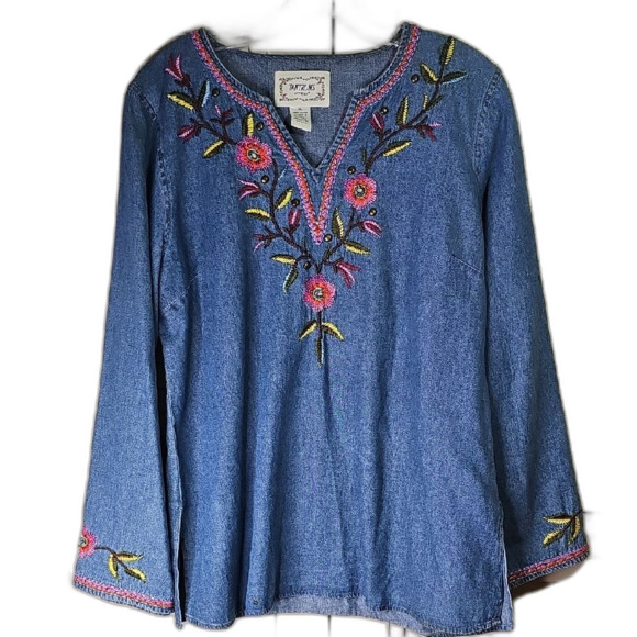 Blouse By Tantrums Denim V Neck Embroidered Front & Sleeve Blue Sz L - Picture 1 of 6
